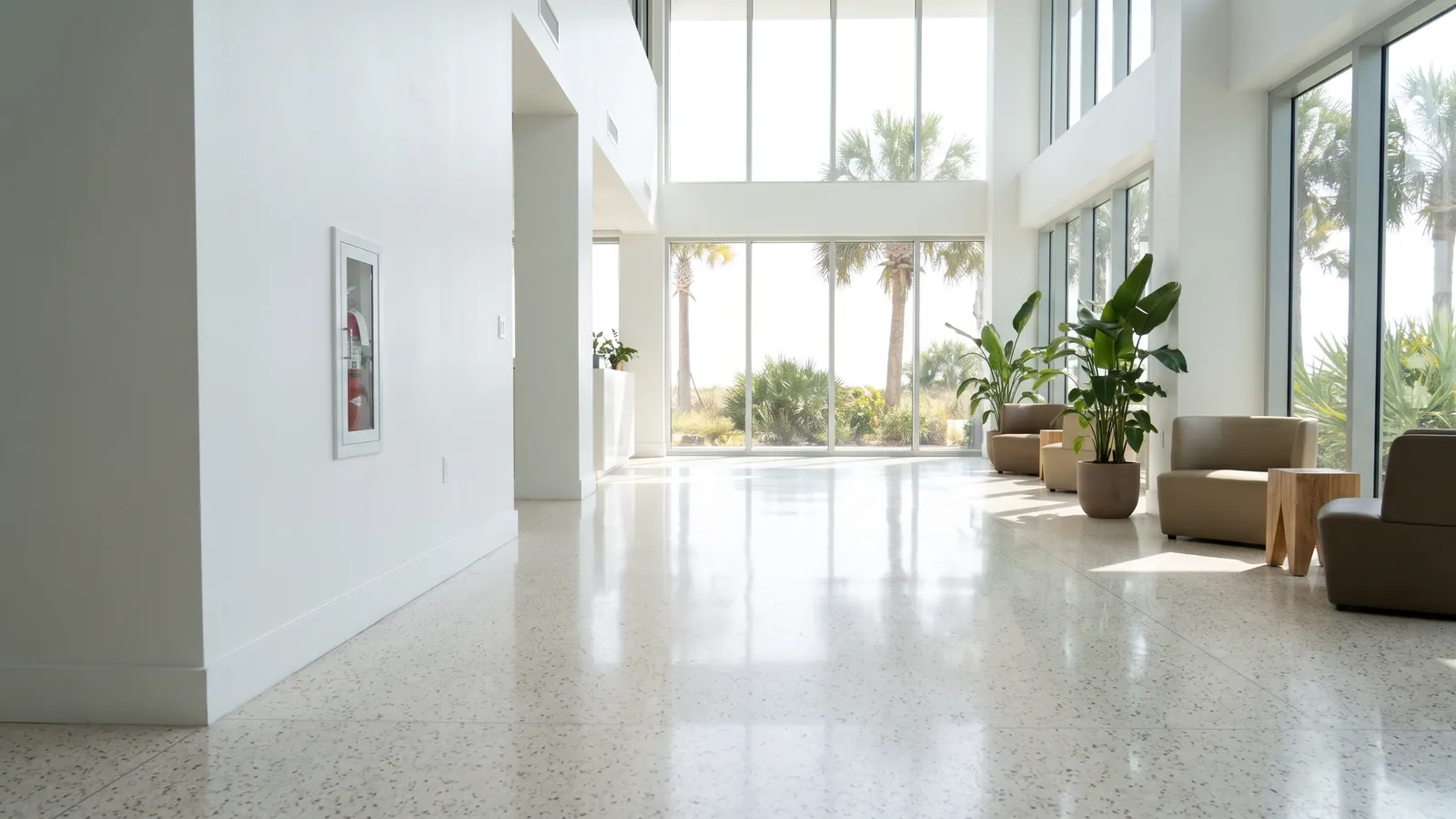 A sunlit coastal office lobby with a fire extinguisher cabinet on a side wall