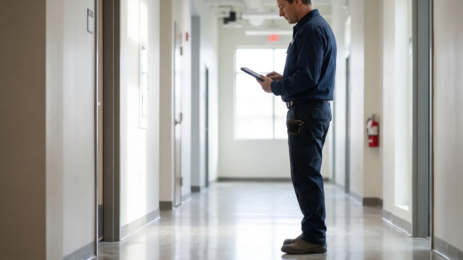 A technician pauses in a commercial hallway during an inspection round