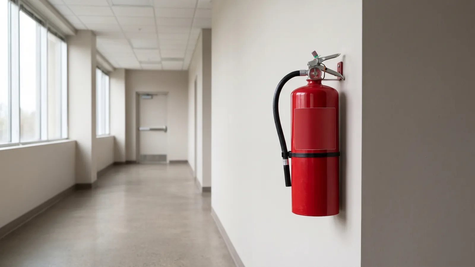 A wall-mounted fire extinguisher with clear access in a commercial office corridor
