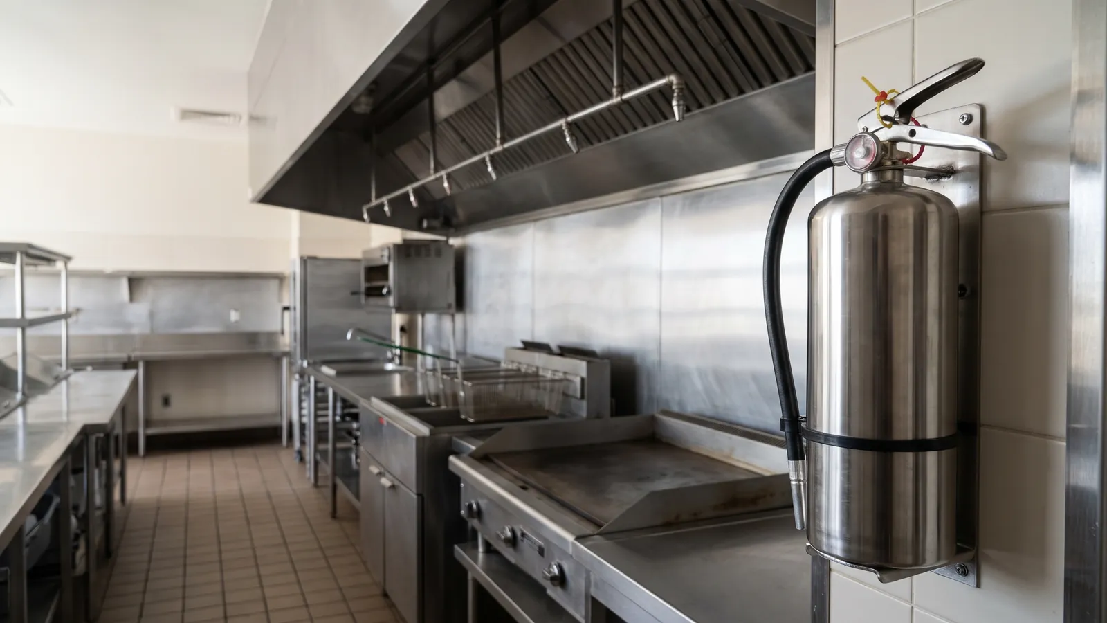 A restaurant cooking line under an exhaust hood with suppression nozzles and a kitchen fire extinguisher on the wall
