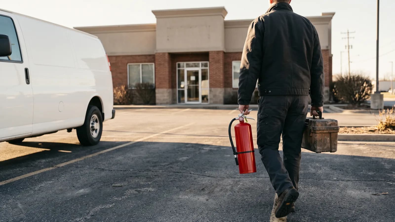 A technician carries a fire extinguisher and a toolbox from a service van to a customer's building