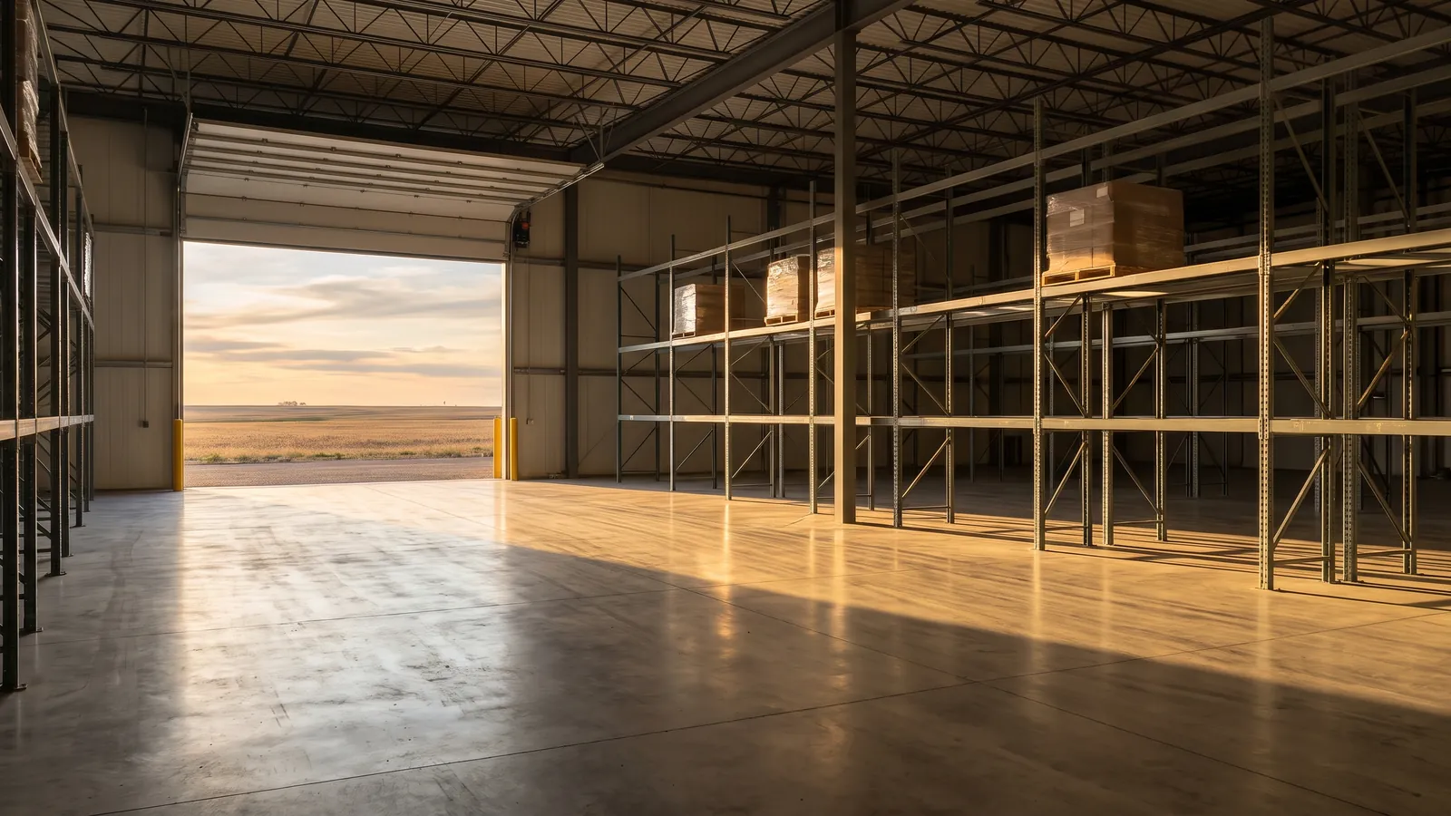 A warehouse interior near an open loading dock under a wide prairie sky